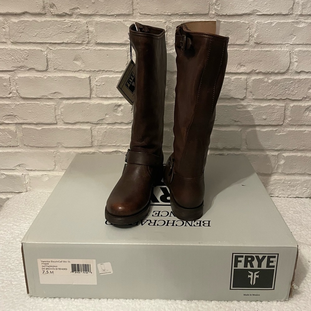 Frye Dark Brown Leather Veronica Slouch Tall Boots Brand New - Picture 4 of 9